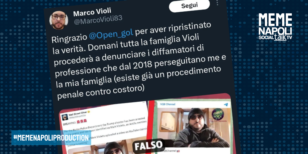 Per chi non lo sapesse, Mark Violets non esiste. È la traduzione "alla americana" del nome di Marco Violi, youtuber, giornalista e tifoso della Roma che OVVIAMENTE non ha attentato alla vita di Trump. È però bastato un tweet “parodico, dissacrante” - questa è la ricostruzione, ma mai dire mai a sto punto -  degli utenti X @Mussolinho e @logikseo, andato in tendenza con gli RT del “calcio twitter” e molti altri profili con spunta blu, italiani e non, poi divulgato nei canali Telegram di mezzo mondo, per far credere (e raccontare al mondo) alla stampa USA e poi a quella Internazionale, che l'uomo in foto fosse l'attentatore dell'ex Presidente degli Stati Uniti Donald Trump.