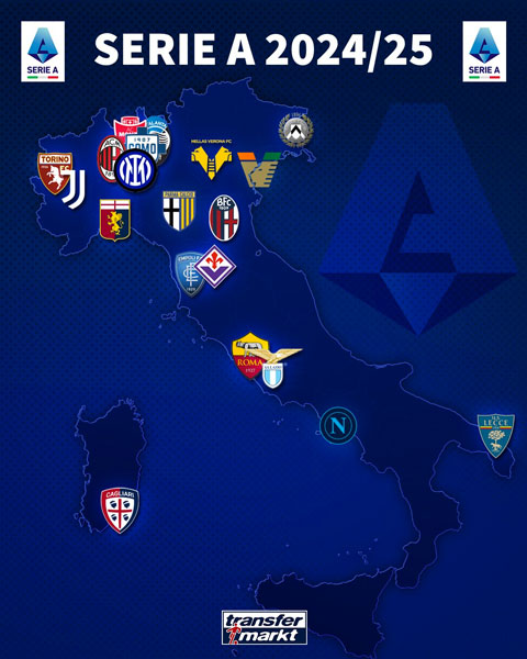 stagione 2024/2025 della Serie A, mappa delle squadre per regione.