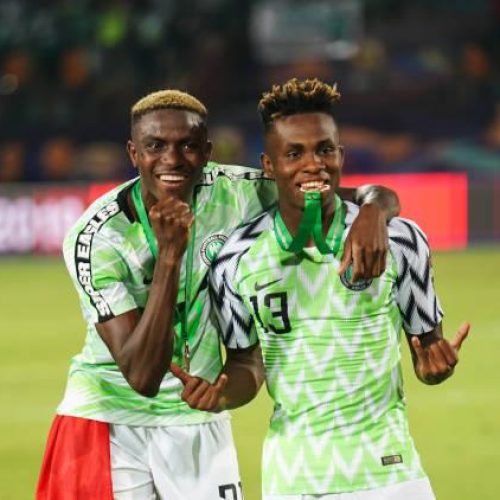 Victor James osimhen of Nigeria  and Samuel Chimerenka Chukwueze of Nigeria with their medals after the 2019 African Cup of Nations match between Tunisia and Nigeria at the Al Salam Stadium in Cairo, Egypt on July 17,2019. (Photo by Ulrik Pedersen/NurPhoto via Getty Images)